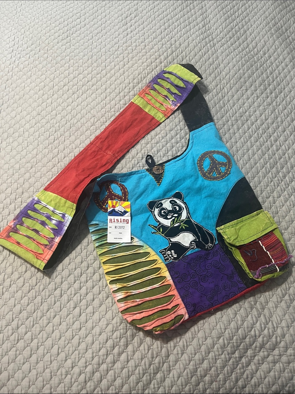 Rising International Blue Multi-Color Patchwork Panda Crossbody Bag